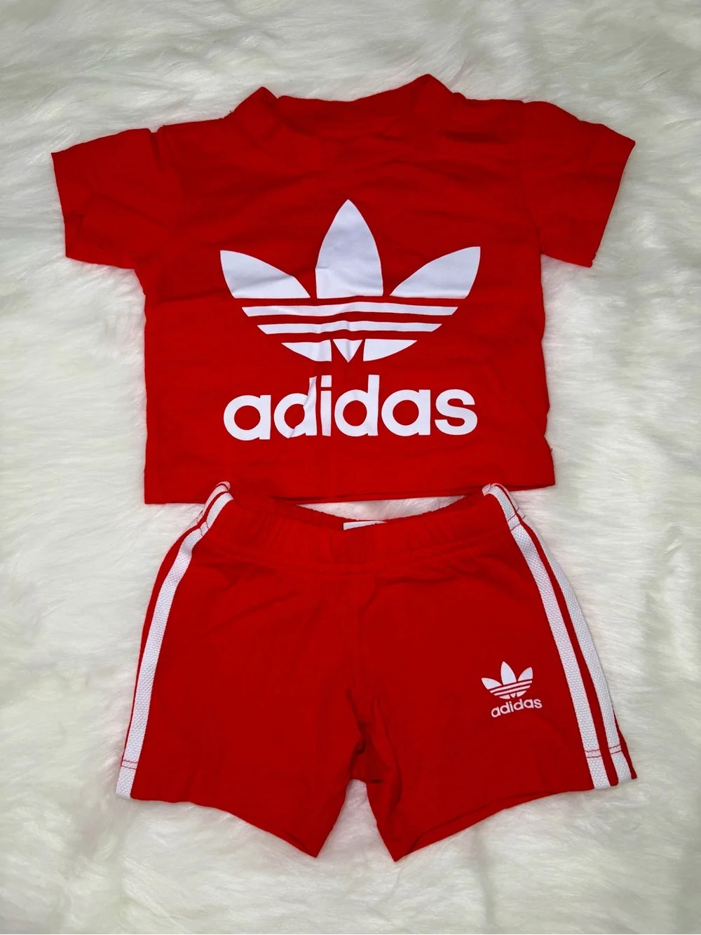 adidas Red Kids Logo Tee & Shorts Set with White Accents